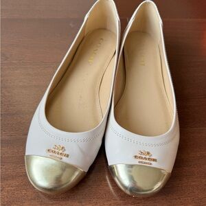 Vintage Coach Women's Flats in White with Gold Toe Cap